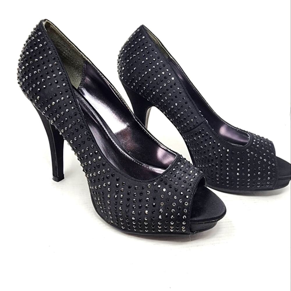 Rampage Black Peep Toe Party Heels Glitter Jewelled Pumps Women's Gifts Size 9 M